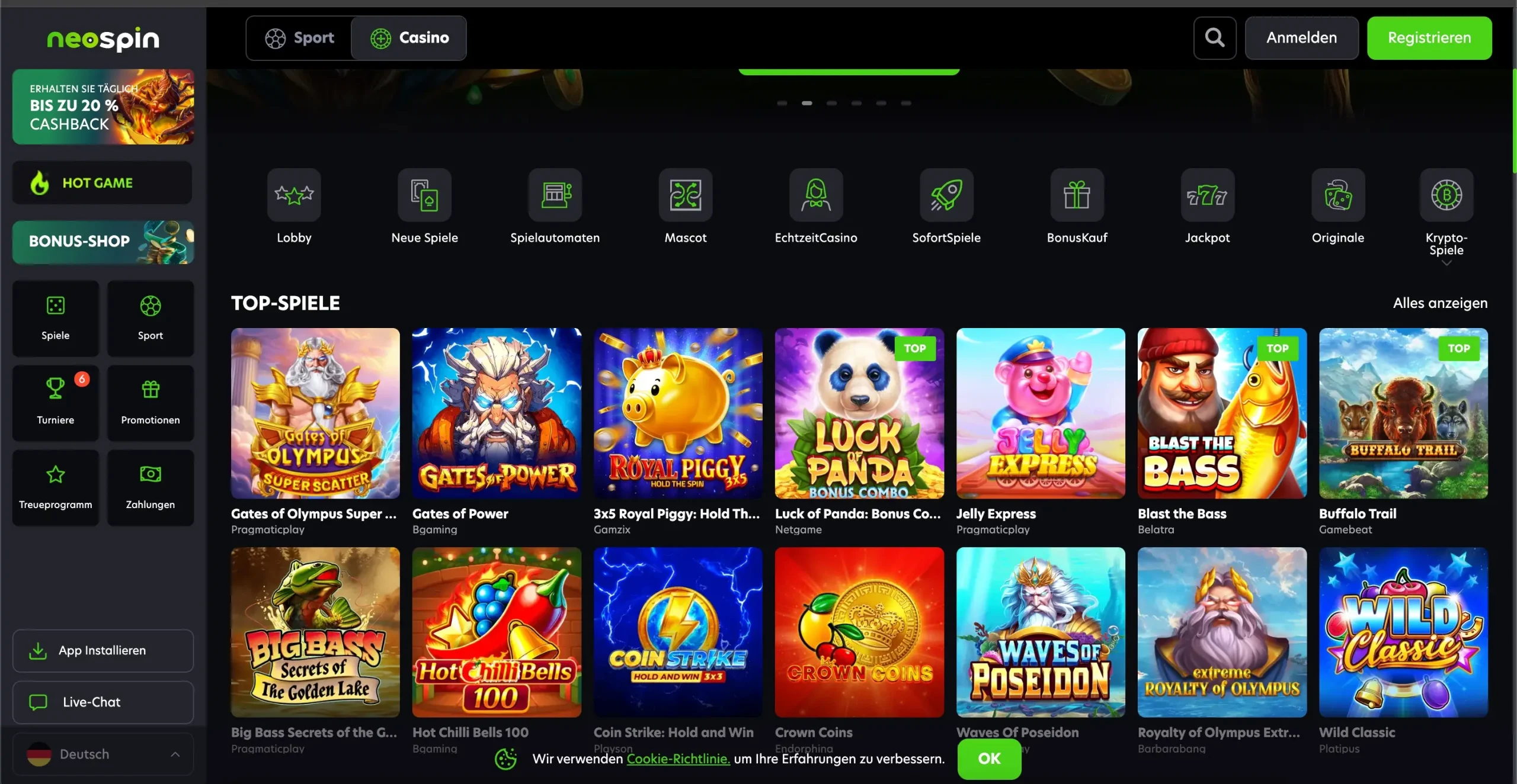 Neospin game selection